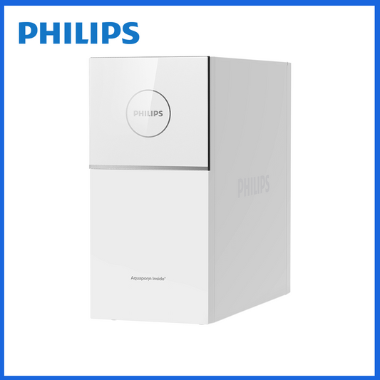 Philips櫥下式即熱淨水器本體正面,白色外殼與圓形面板