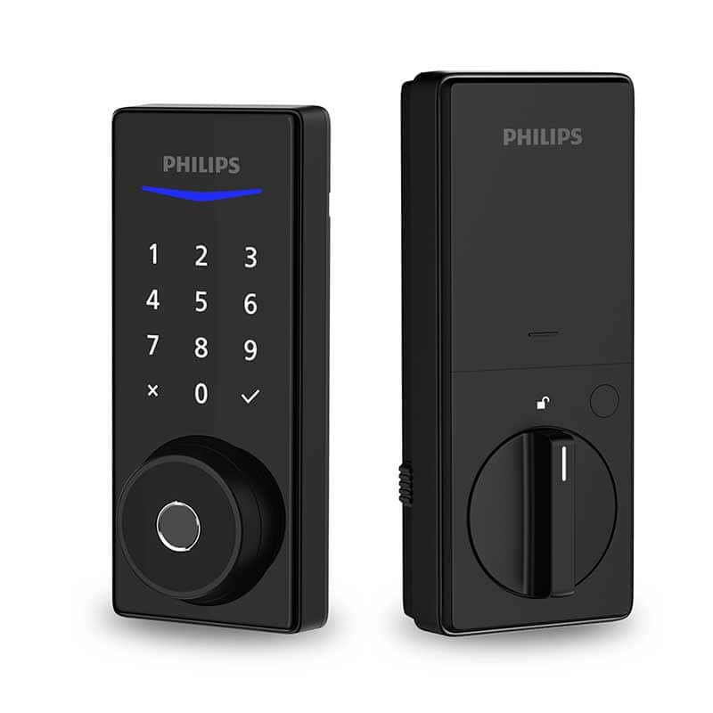 Philips 電子附加鎖雙視圖：黑色鍵盤與旋鈕控制