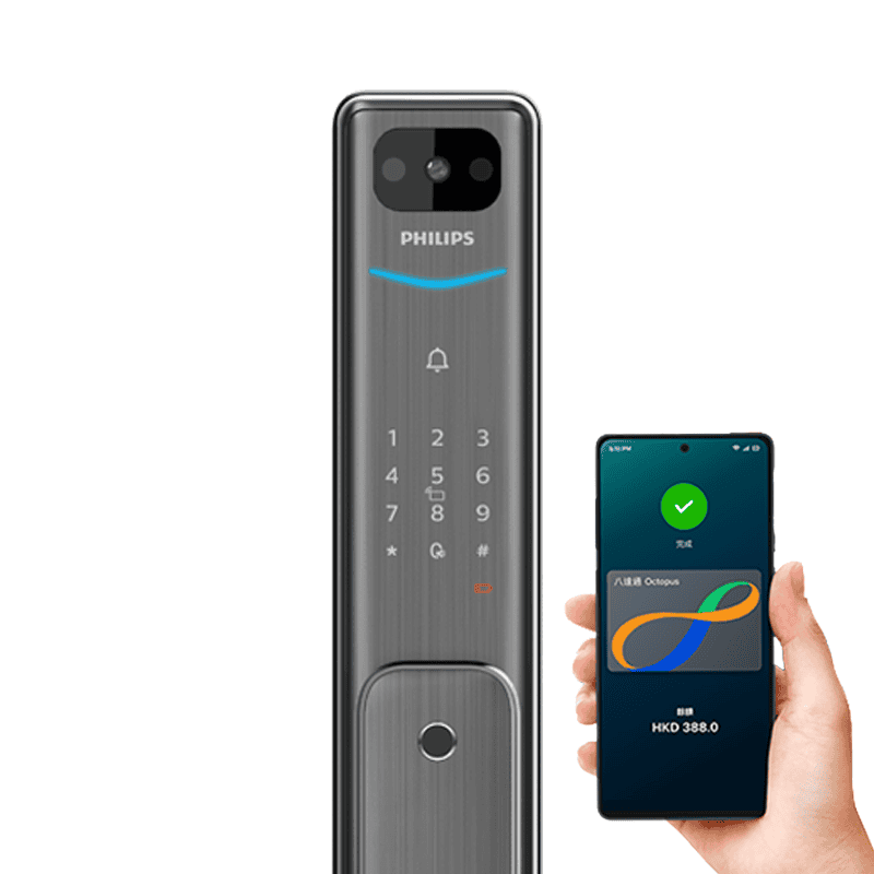 Philips Alpha-VP 視像智能鎖，正面鏡頭與數字鍵區搭配手機解鎖畫面