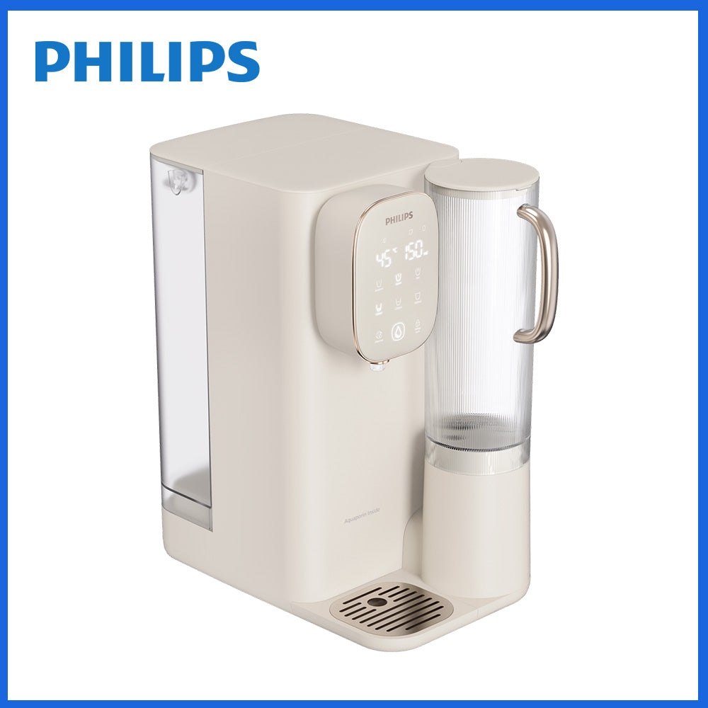 Philips 純淨飲水機，白色機身搭透明水箱與手把出水口