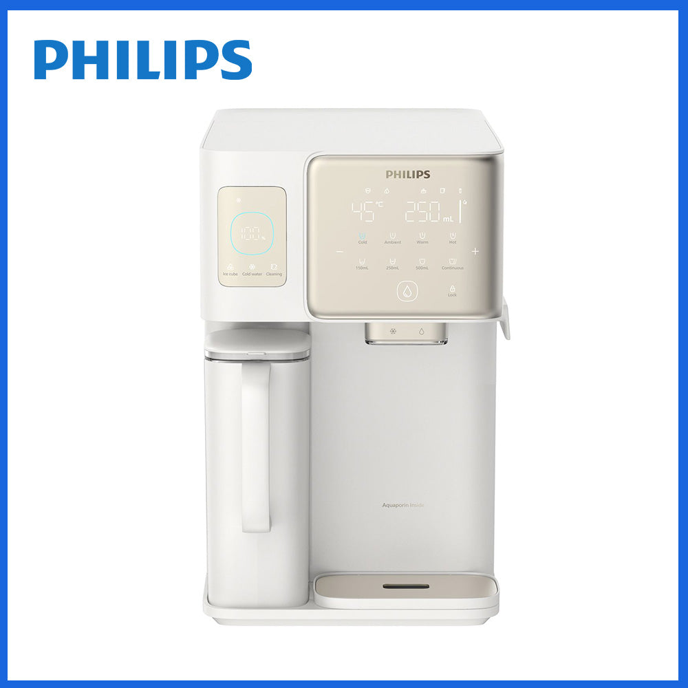 白色Philips冷熱製冰飲水機，正面控制面板與出水口