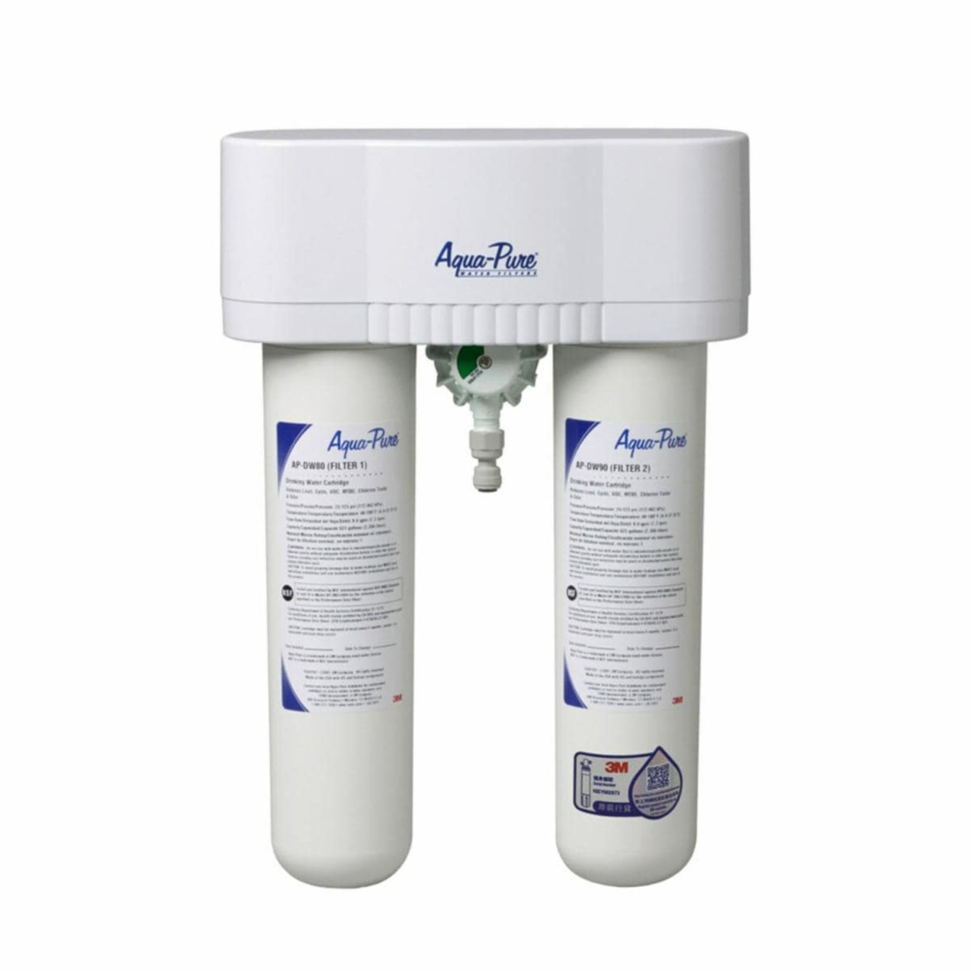 Aqua-Pure™ AP-DWS1000 濾水系統主機與兩支濾芯、上方接口