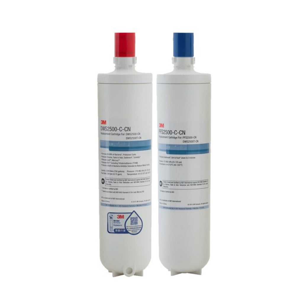 3M DWS2500T-CN 更換濾芯兩支圓柱，紅色與藍色頂端