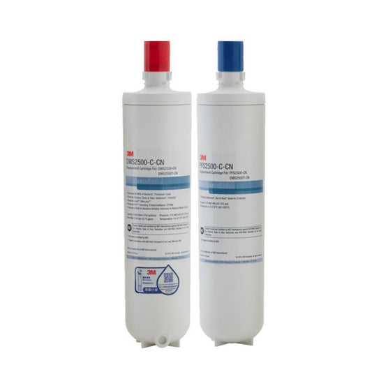 3M DWS2500T-CN 更換濾芯兩支圓柱，紅色與藍色頂端