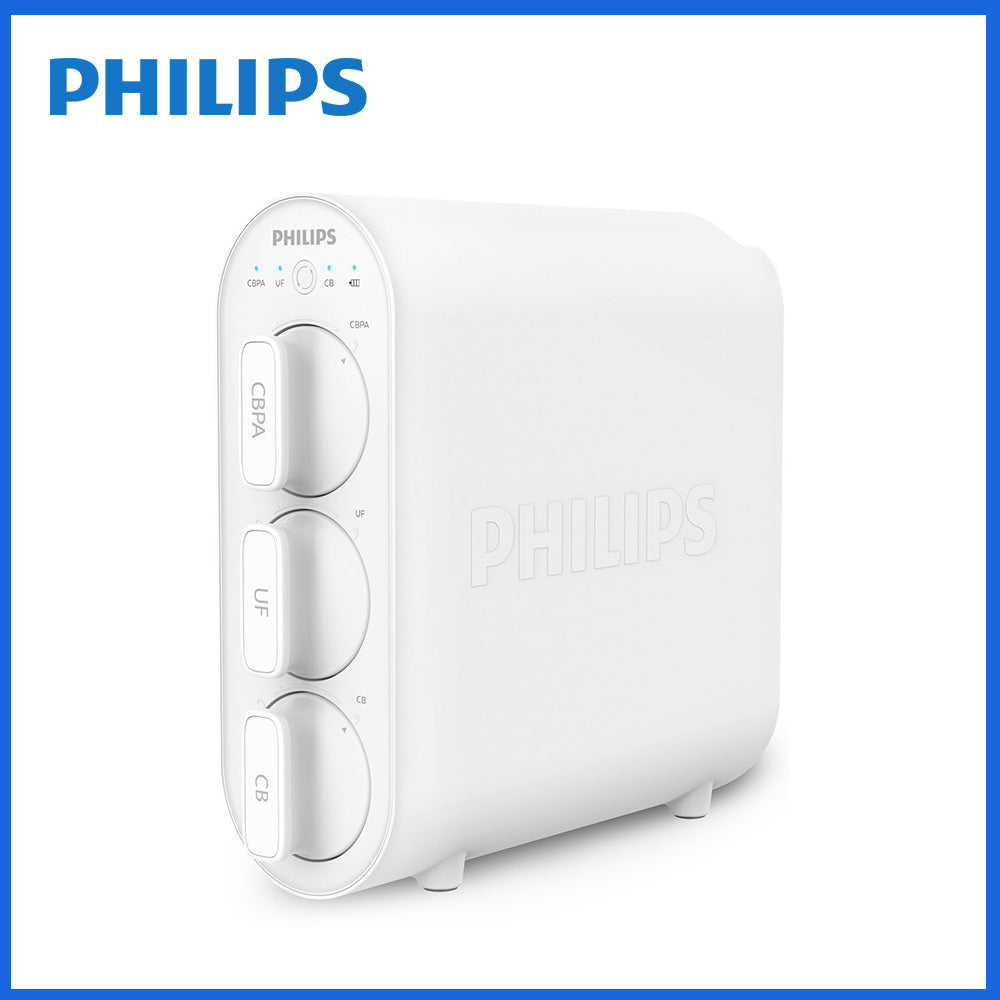 Philips櫥下式濾水器主機，白色外殼正面按鍵與指示面板