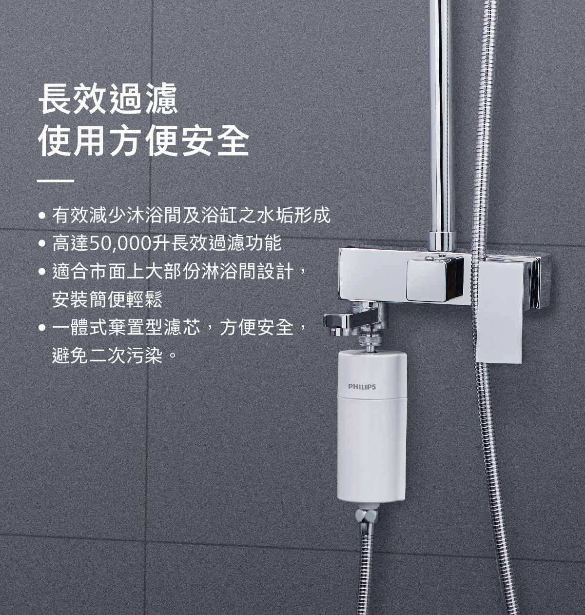 Philips 淋浴過濾器濾心，搭配淋浴龍頭與軟管接頭