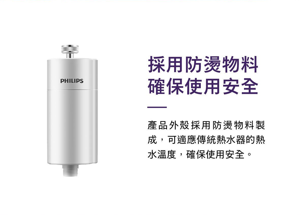 Philips 淋浴過濾器濾心，圓柱白色機身與底部接頭