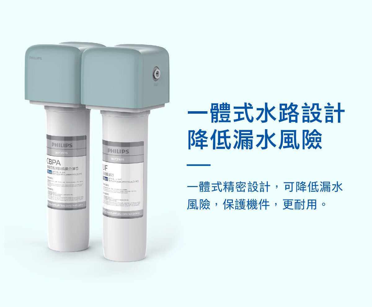 一體式水路設計濾水器，藍灰上蓋搭配兩支白色濾芯筒
