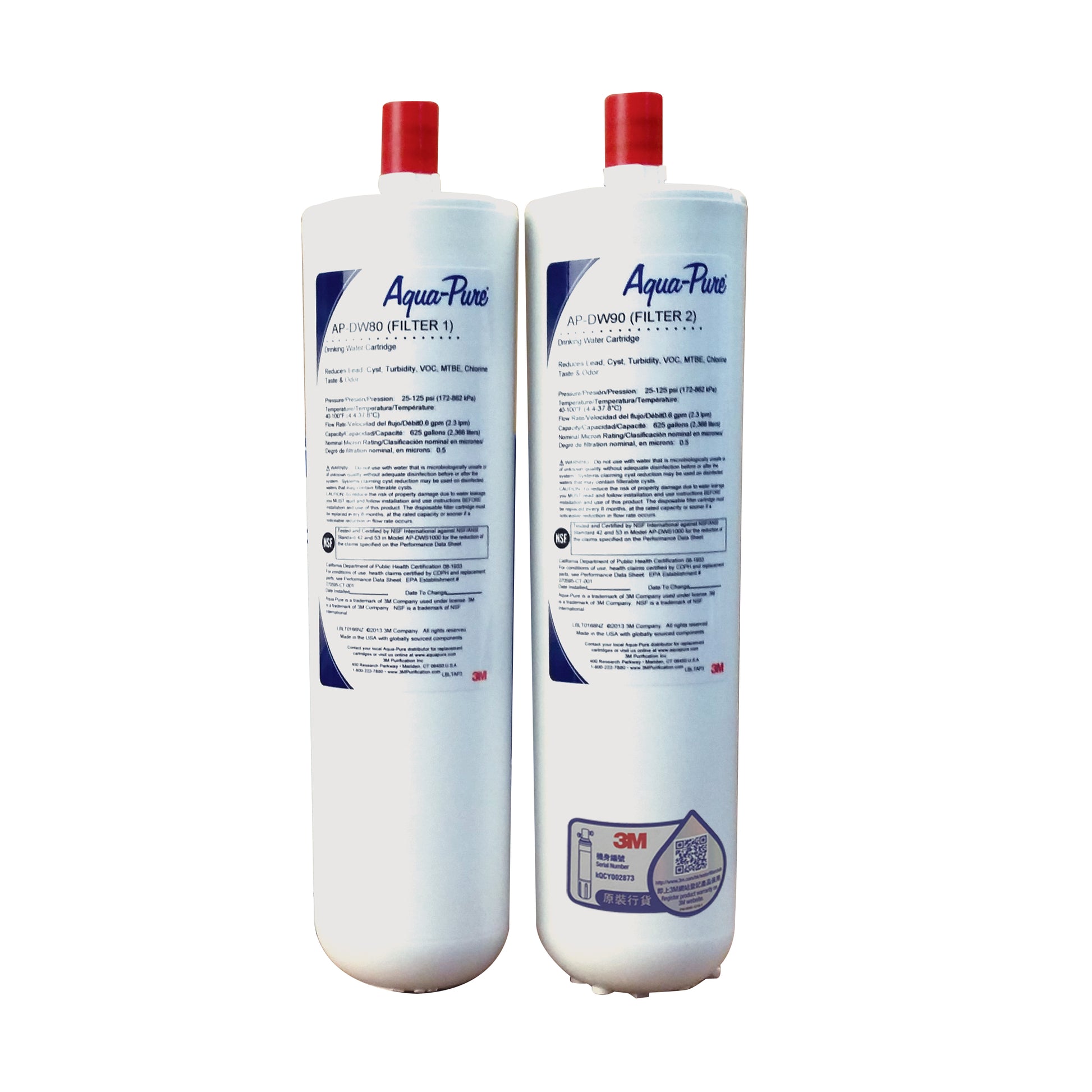 3M Aqua-Pure 濾芯兩支，白色濾筒與紅色頂蓋，藍色文字標籤