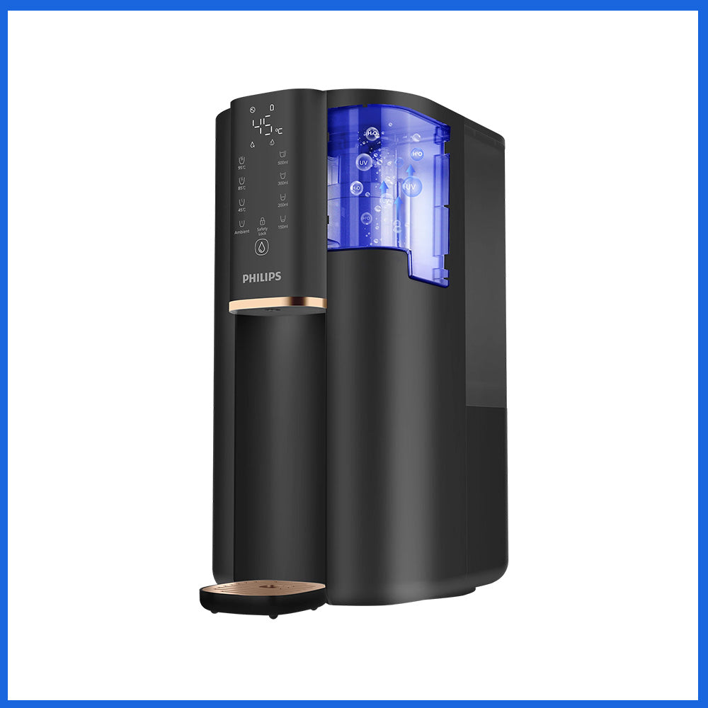 Philips即熱式純淨飲水機 黑色機身，透明窗顯示內部藍色加熱/循環結構