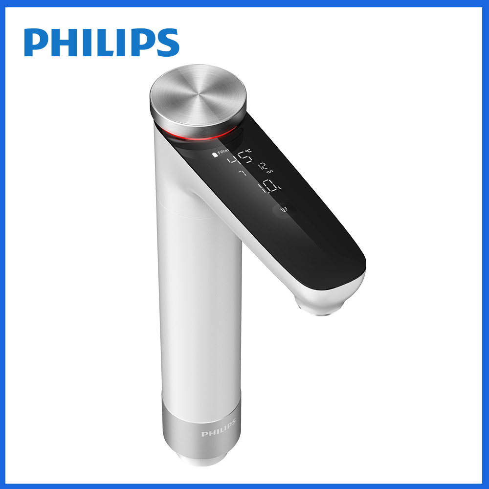 Philips即熱淨水龍頭，白色機身搭黑色控制面板