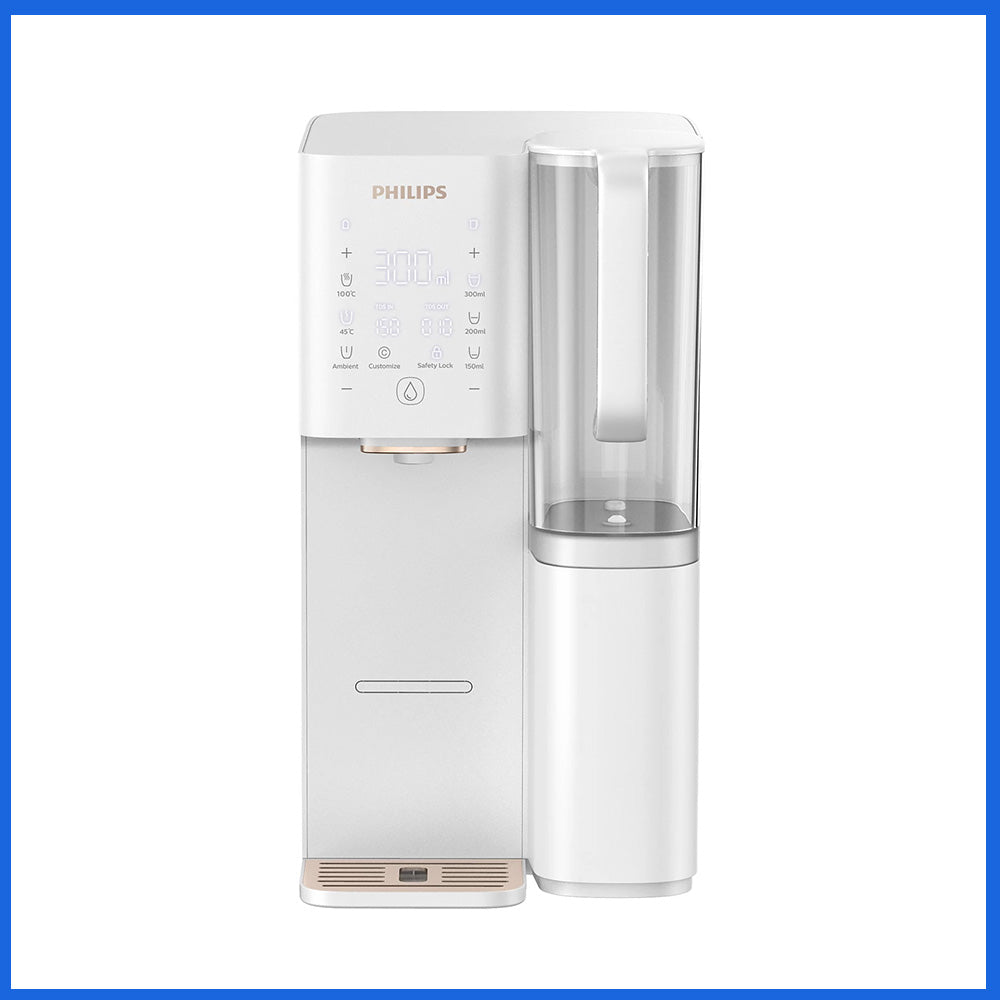 Philips 即熱飲水機，白色機身、上方透明水壺與觸控/按鍵面板