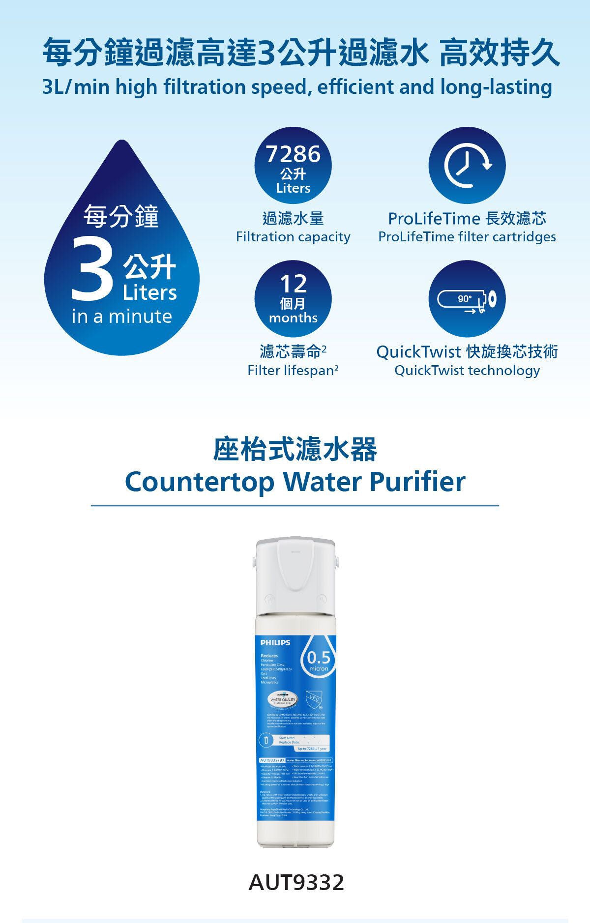 座枱式濾水器 AUT9332 機身與容量效能標示