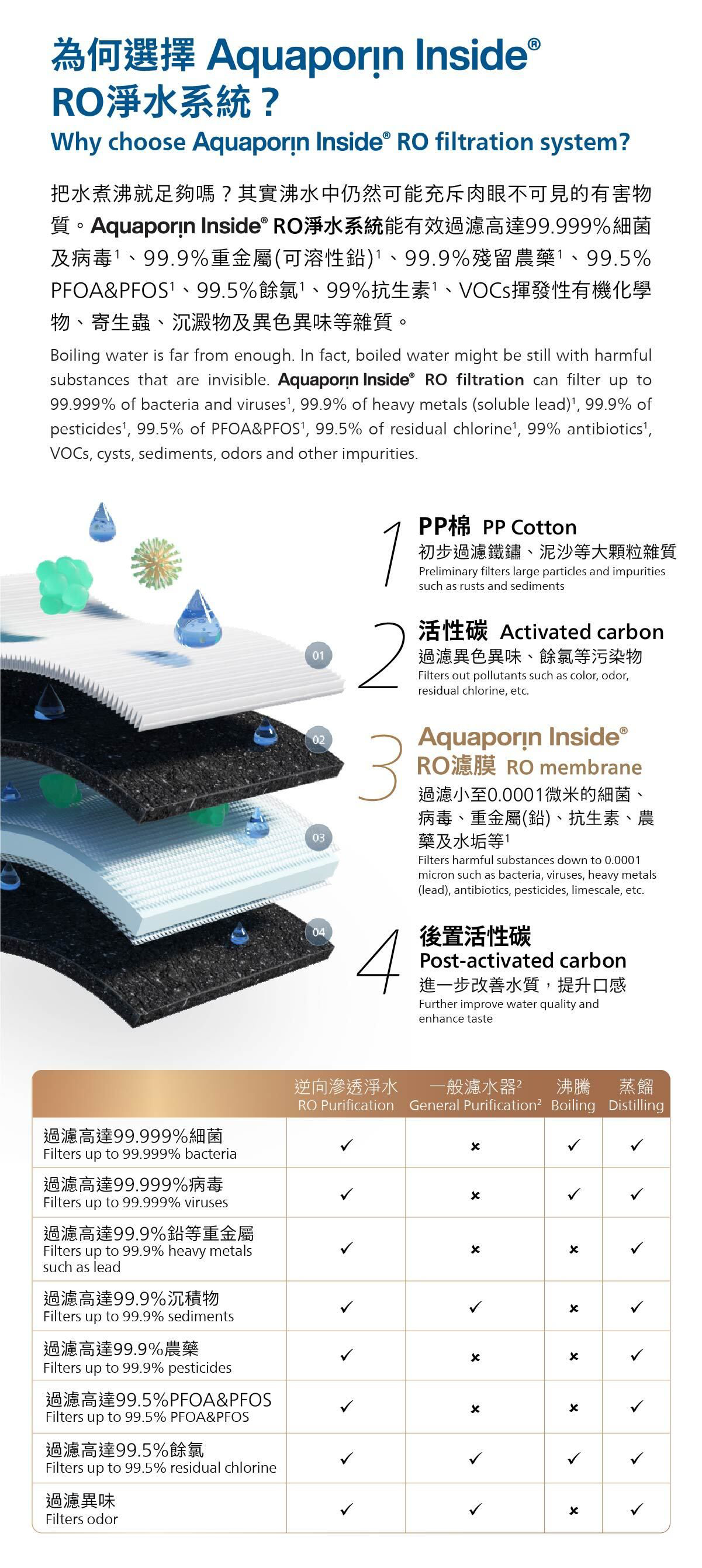 RO淨水系統比較資訊圖，含PP棉與活性碳標示