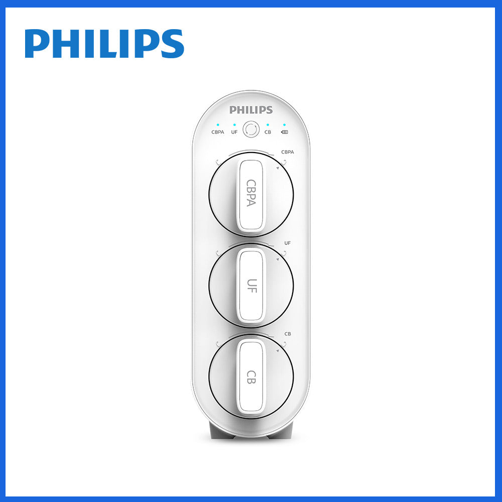 Philips櫥下式濾水器上方控制面板，三組圓形按鍵
