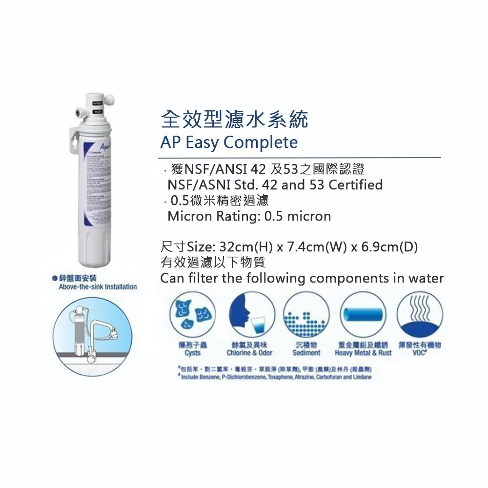 濾水系統濾芯，搭配系統尺寸與功能標示資訊