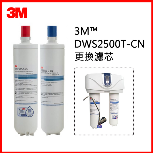3M DWS2500T-CN 更換濾芯：兩支圓柱濾芯，紅藍頂端指示