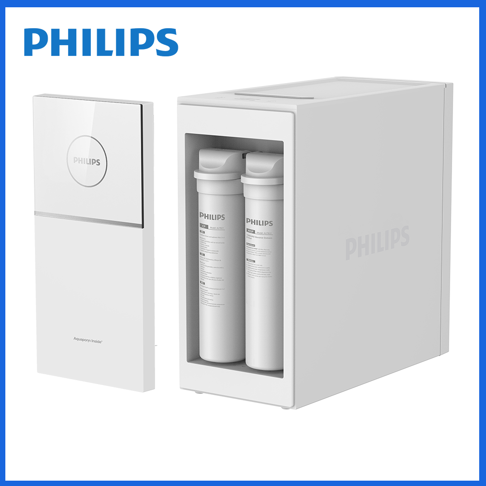 Philips櫥下式即熱淨水器開啟機箱，內含兩支濾芯