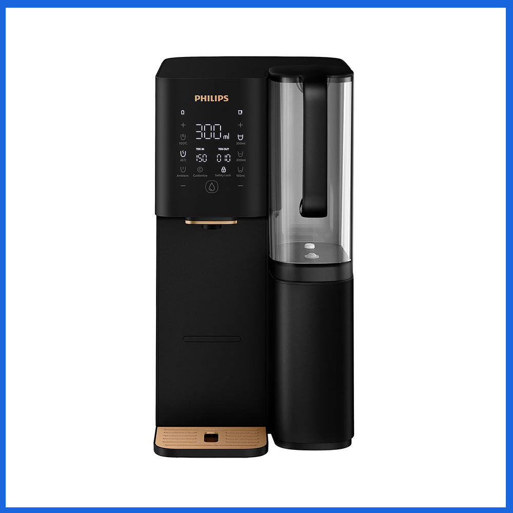 Philips 即熱飲水機，黑色機身、上方透明水壺與控制面板