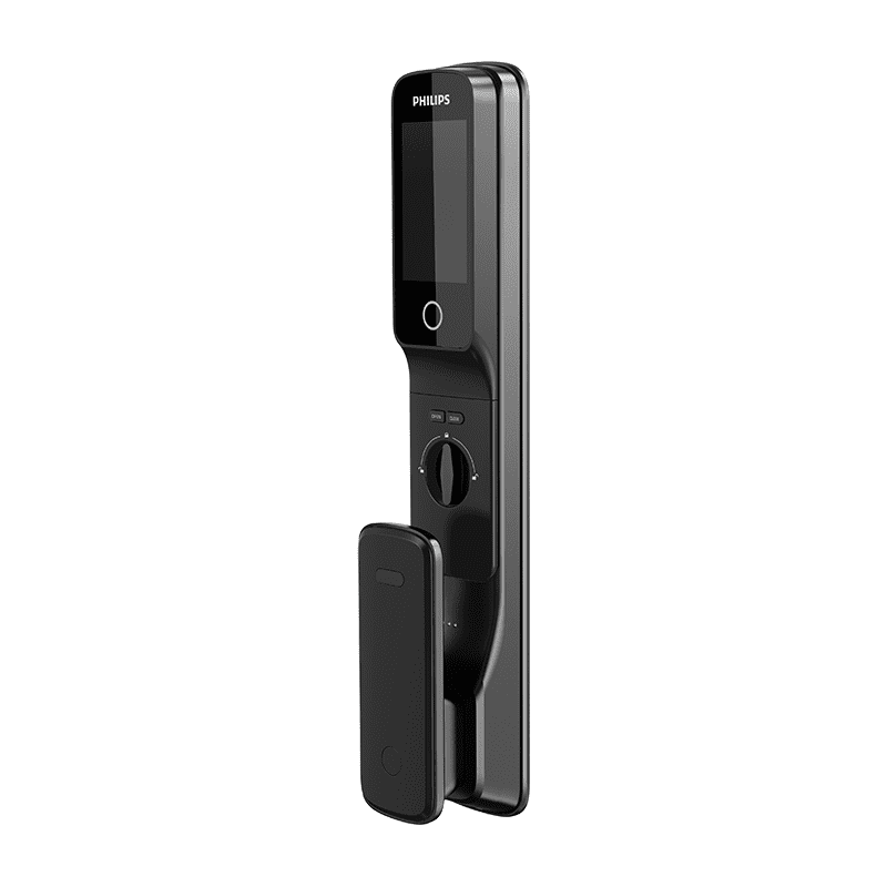 Philips Alpha-VP 視像智能鎖，側視黑灰機身與旋鈕/把手設計