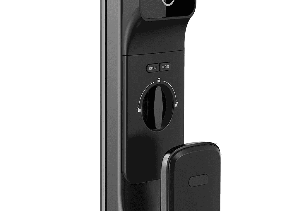 Philips Alpha-VP 視像智能鎖，近距離把手與開關按鍵、圓形旋鈕