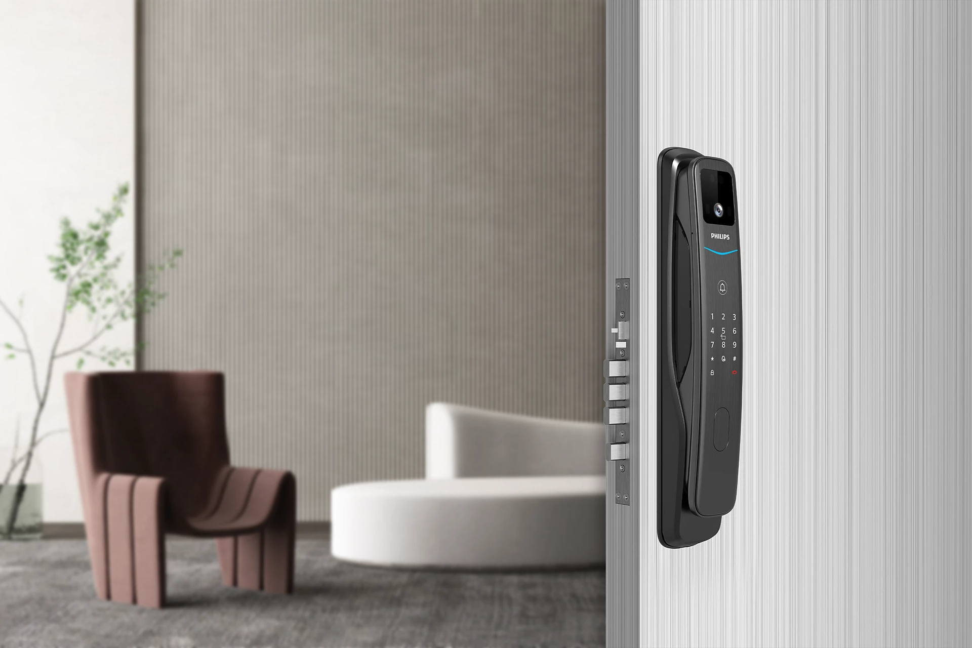 Philips 智慧門鎖外側機身，含鍵盤與鏡頭感測窗