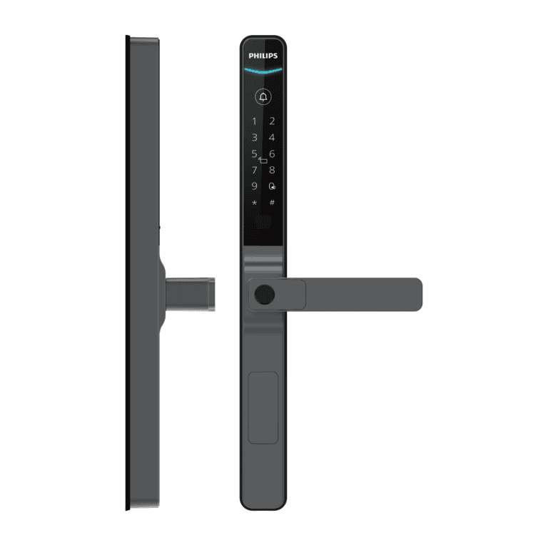 Philips 智能門鎖窄體執手式，外側門把與數字按鍵面板