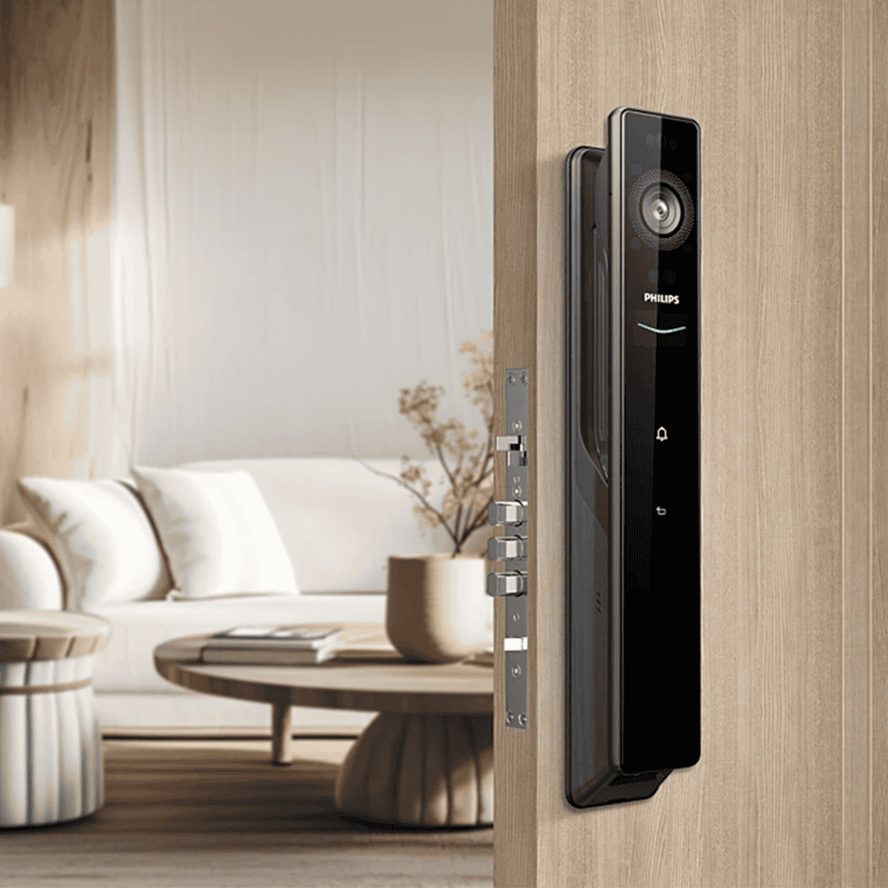 Philips 掌靜脈人臉智能鎖裝在門上，黑色面板與鏡頭可視區