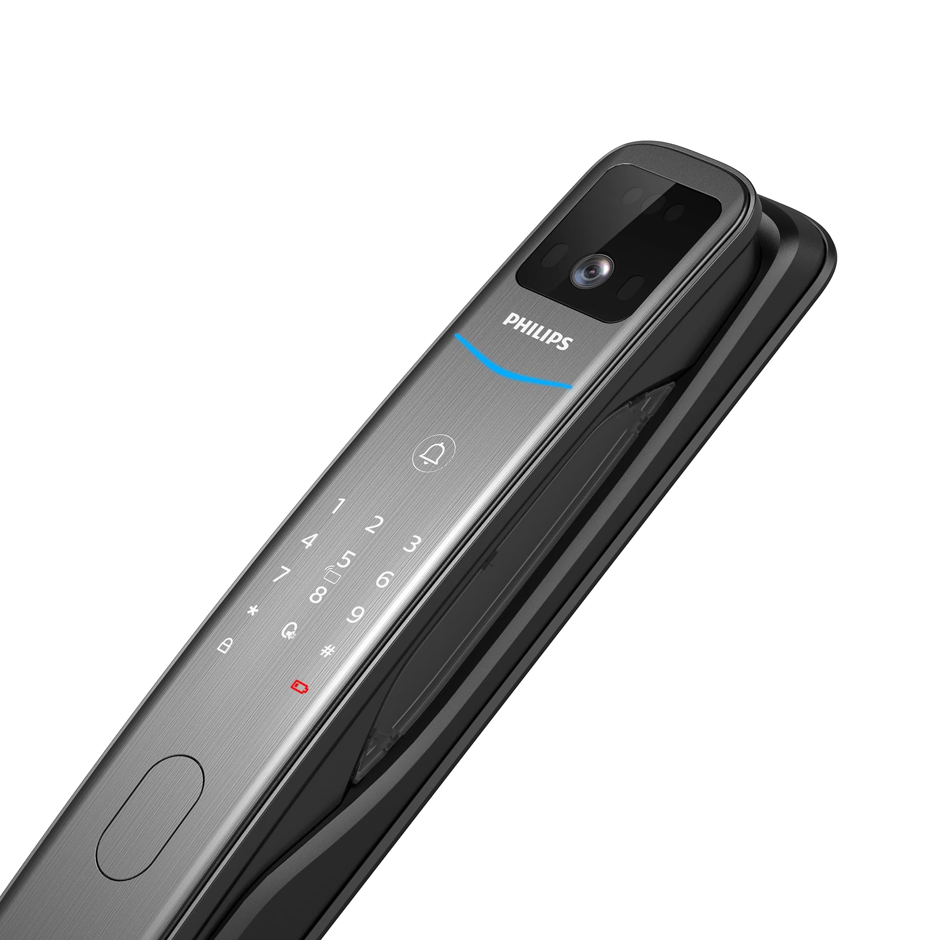 Philips 智能電子門鎖外側面板，含攝影鏡頭與數字觸控鍵
