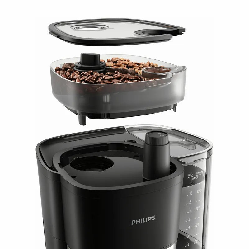Philips 美式咖啡機研磨上蓋開啟，咖啡豆與研磨桶清晰可見