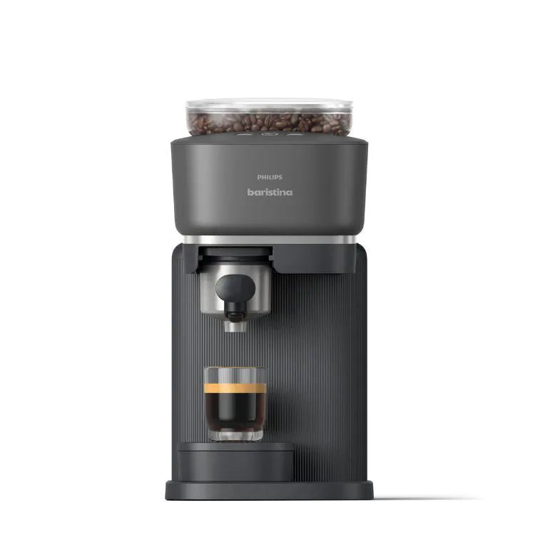 Philips Baristina特濃咖啡機正面視角，咖啡豆槽與玻璃杯出杯口