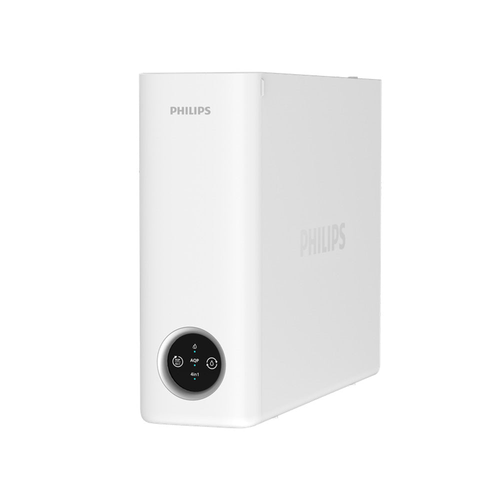 Philips 櫥下式淨水器白色機身，黑色圓形控制面板