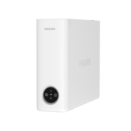 Philips 櫥下式淨水器白色機身，黑色圓形控制面板
