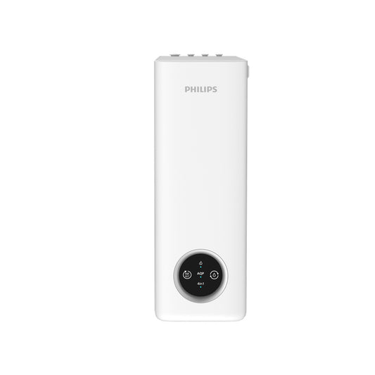 Philips 櫥下式淨水器正面白色機身，底部黑色圓形控制面板