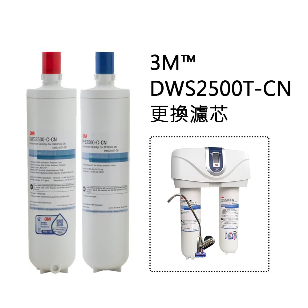 3M™ DWS2500T-CN 更換濾芯組，白色濾芯帶紅藍端蓋