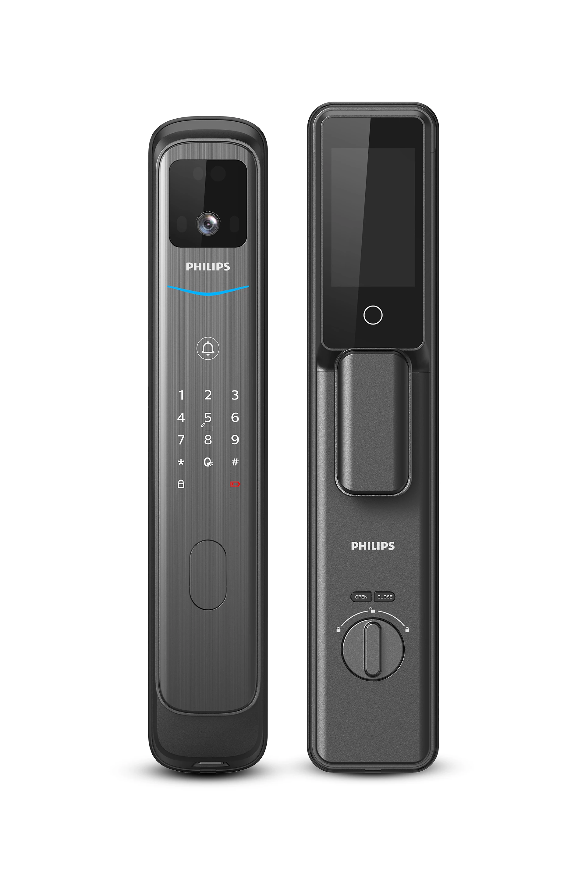 Philips 智慧門鎖正反對照，外側含鏡頭窗、數字鍵與旋鈕把手