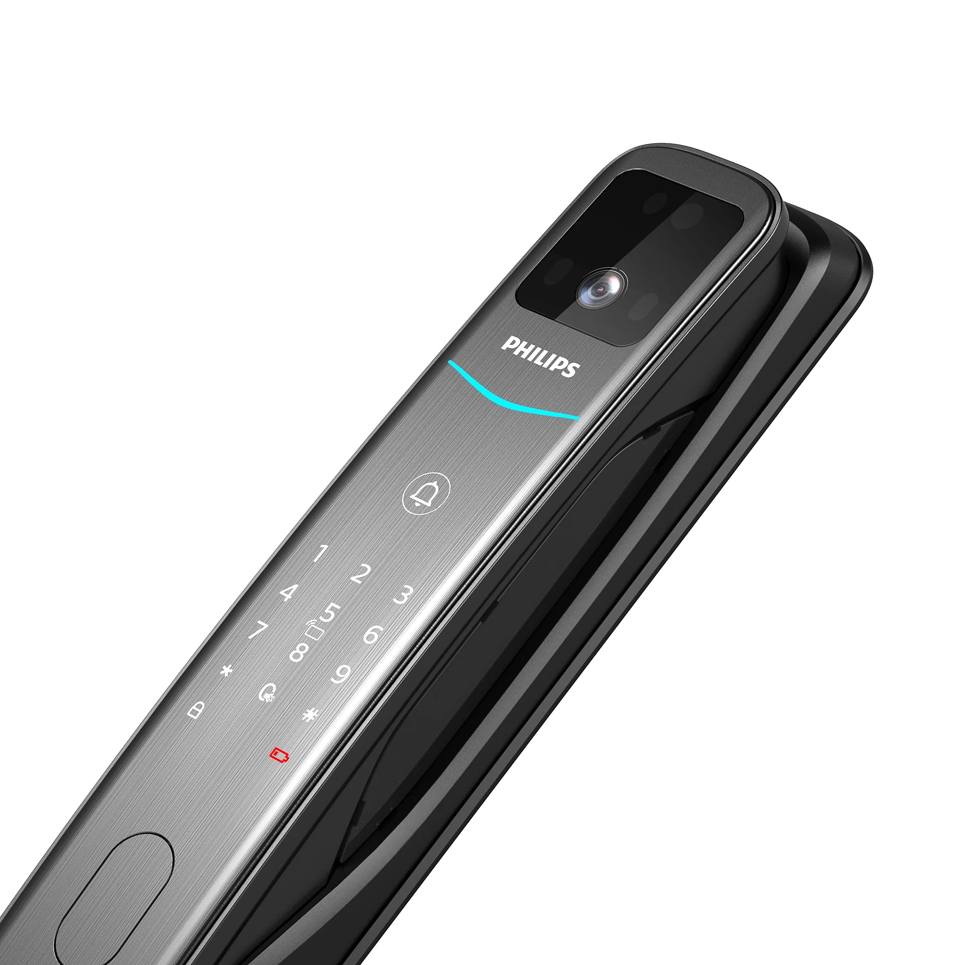 Philips 智慧門鎖斜角特寫，鏡頭上方發光條與數字鍵列