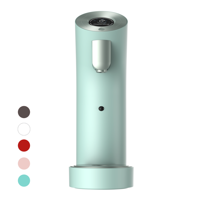 智能觸控冷熱濾水機：薄荷綠機身、金屬出水口與圓形上蓋控制面板