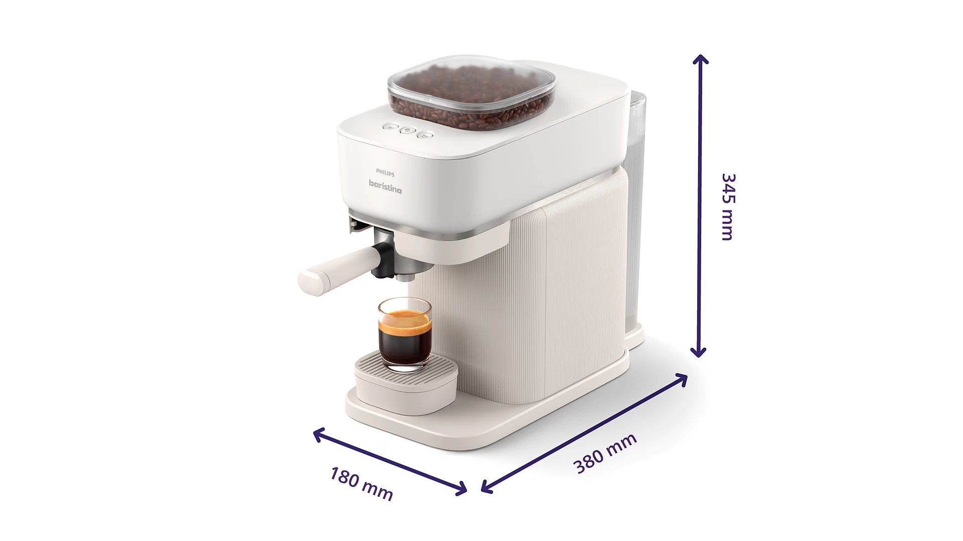 Philips Baristina 意式咖啡機，雲朵白機身與出杯口外觀