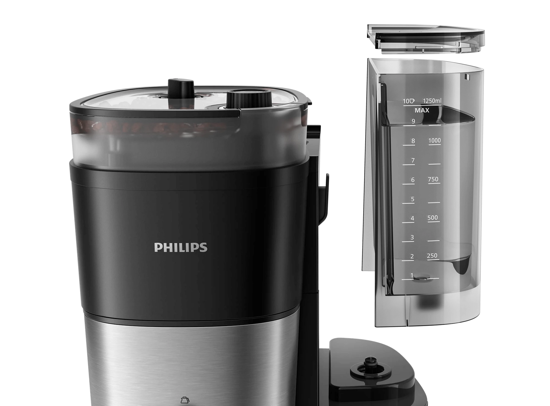 Philips 咖啡機正面外觀，黑色研磨上蓋與透明量杯刻度可見