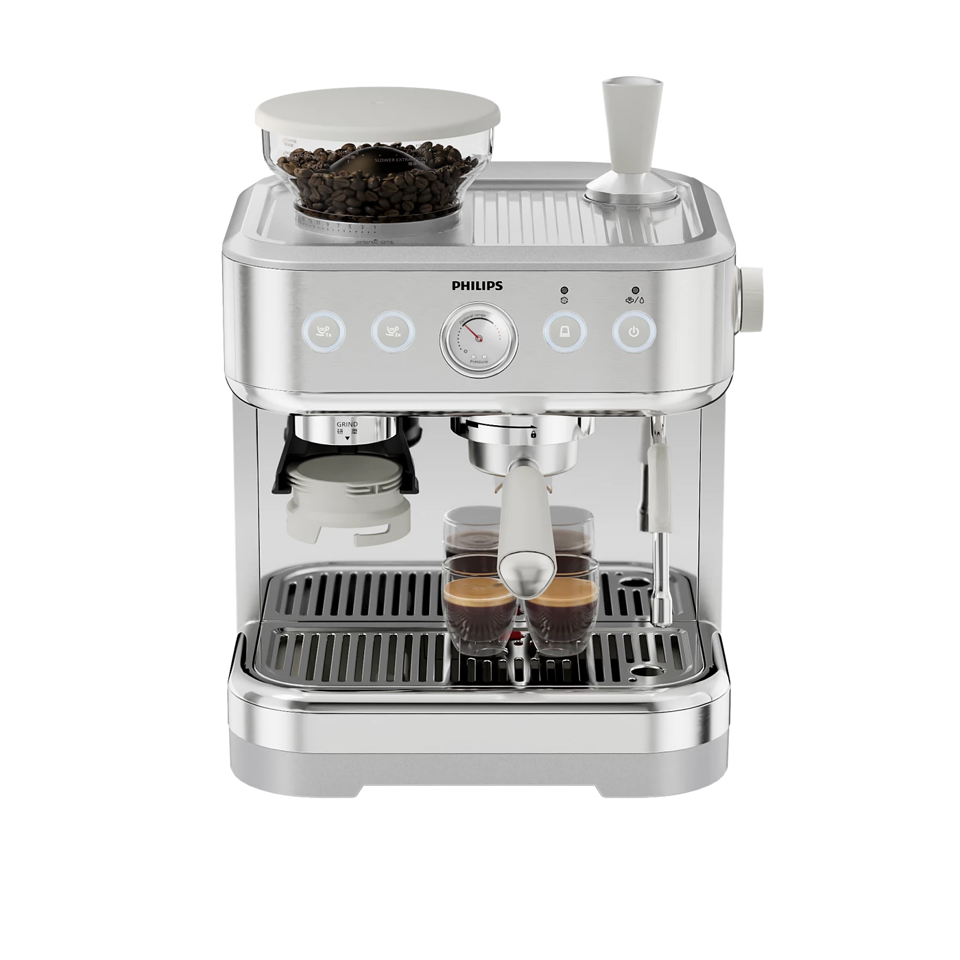 Philips 半自動膠囊意式咖啡機機身與上蓋集料槽、杯架