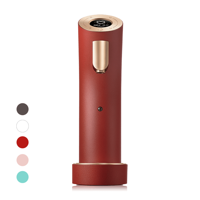 智能觸控冷熱濾水機：紅色機身、金色出水口與圓形上蓋控制面板